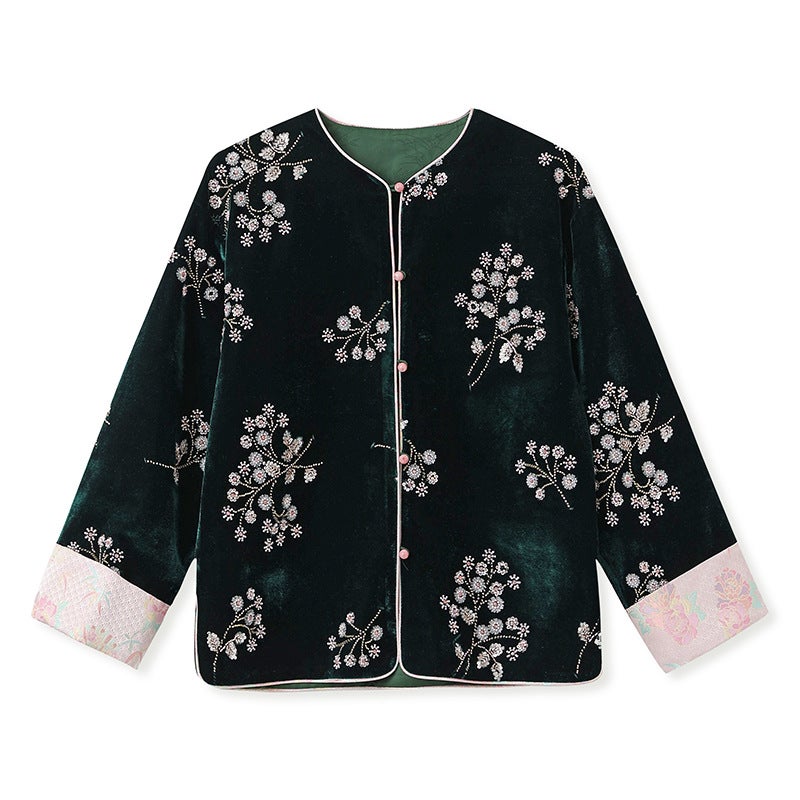 Yailla Versatile Autumn/Winter New Style Chinese Style Cherry Blossom Embroidery High-End Design New Chinese Style Bead Embroidery Light Luxury Rich Noble Coat Cotton Coat Women'S Retro Style Top Niche Design Tang Coat Suit - Image 1